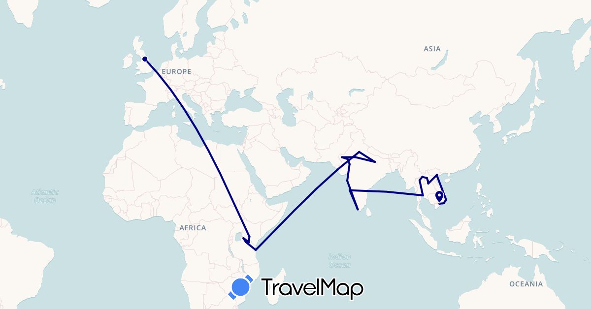TravelMap itinerary: driving in United Kingdom, India, Kenya, Laos, Thailand, Tanzania, Vietnam (Africa, Asia, Europe)